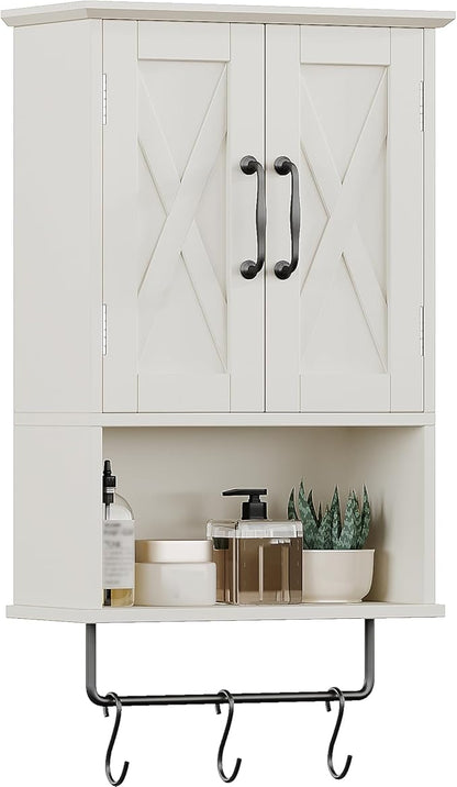 ChooChoo Farmhouse Medicine Cabinet, Bathroom Wall Cabinet with Adjustable Shelf, Towel Bar, 3 Hooks, Over The Toilet Storage Cabinet for Bathroom, Kitchen, 19.3''L, White