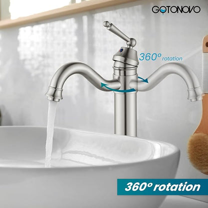 gotonovo Bathroom Vessel Sink Faucet Single Handle Brass Long Reach Bathroom Faucet 1 Hole Deck Mounted Mixer Tap with Pop Up Drain Brushed Nickel