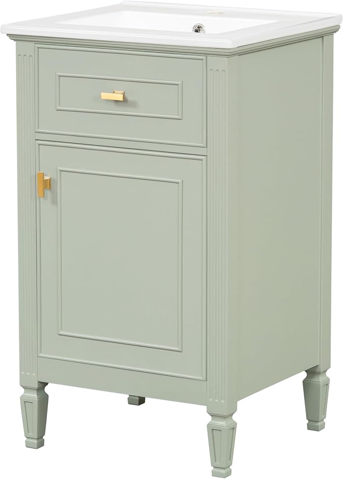 GDFStudio Hawthorne 20" Modern Bathroom Vanity with Sink, Freestanding Bathroom Vanity Organizer with Tilt Out Drawer, Adjustable Shelf and Solid Wood Legs, Single Sink Bathroom Vanity, Green