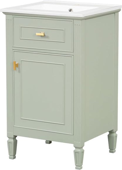 GDFStudio Hawthorne 20" Modern Bathroom Vanity with Sink, Freestanding Bathroom Vanity Organizer with Tilt Out Drawer, Adjustable Shelf and Solid Wood Legs, Single Sink Bathroom Vanity, Green