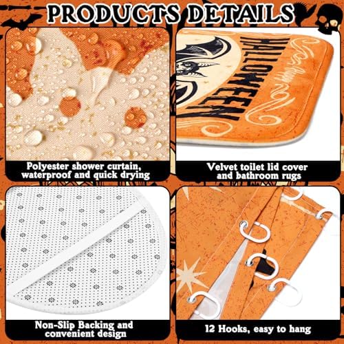 FuWeave 8 Pcs Christmas Shower Curtain Set Xmas Santa Bathroom Decoration Christmas Tree Hand Towels Snowman Toilet Lid Cover Bathroom Rugs Xmas Shower Curtain with Hooks(Witch)
