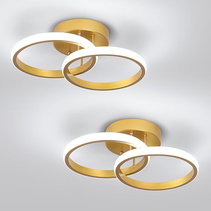 CANEOE Round Modern Led Ceiling Light Fixtures, 6000K Cool White Hallway Light Fixtures Ceiling, Bathroom Close to Ceiling Lights for Corridor Stair Aisle Lamps (Gold, 2 Packs)