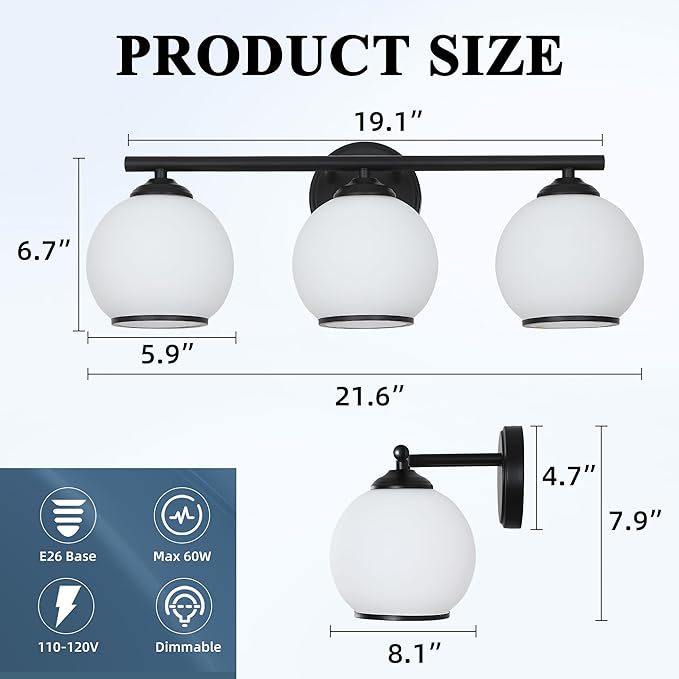 Milk Glass Bathroom Vanity Light Over Mirror, 3 Light Matte Black Bathroom Light Fixtures with Frosted Globe Glass Shade, Modern Vanity Lighting Wall Mounted
