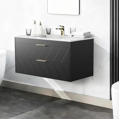 24 Inch Bathroom Vanity with Sink, Modern Floating Vanity with Resin Sink, 2 Large Storage Darwers, Wood Grain Texture Wall Mounted Bathroom Vanities, Gold Handles