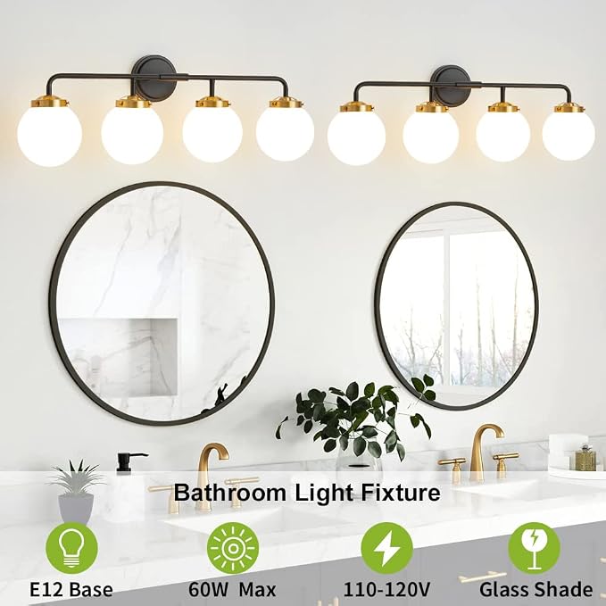 Bathroom Light Fixtures 30.7in 4-Light Black Gold Vanity Lights for Mirror | Dimmable Bathroom Lighting Fixtures over Mirror, ETL, E12 Base Max 60W, Modern Wall Sconce, Milky White Glass Ball Shades