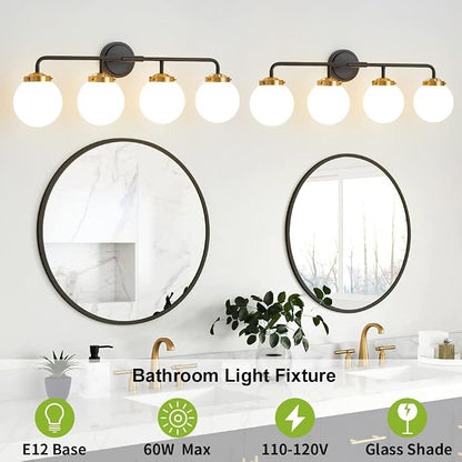 Bathroom Light Fixtures 30.7in 4-Light Black Gold Vanity Lights for Mirror | Dimmable Bathroom Lighting Fixtures over Mirror, ETL, E12 Base Max 60W, Modern Wall Sconce, Milky White Glass Ball Shades