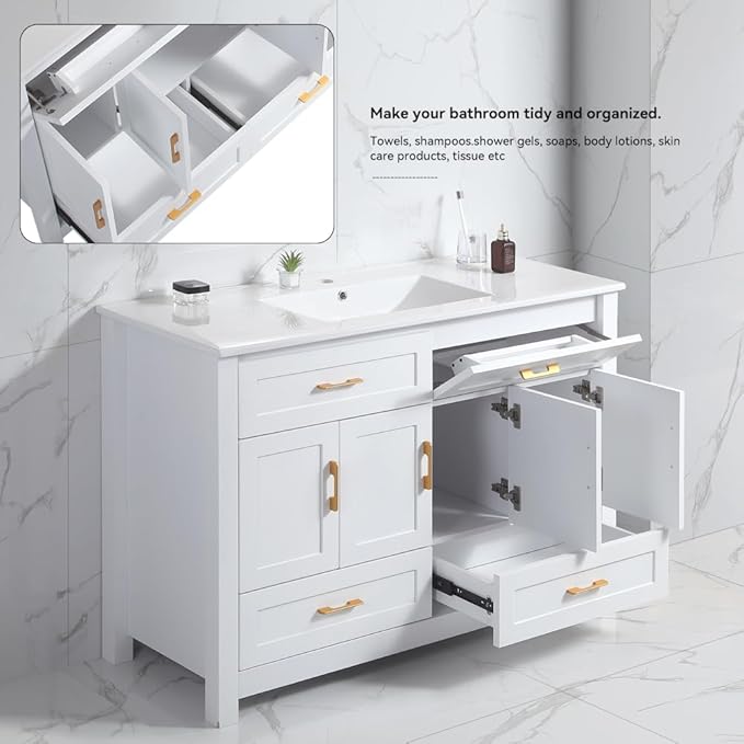 LZ LEISURE ZONE 48" Bathroom Vanity with Ceramic Sink Combo, Abundant Cabinet -4 Soft Close Doors and 4 Drawers, White