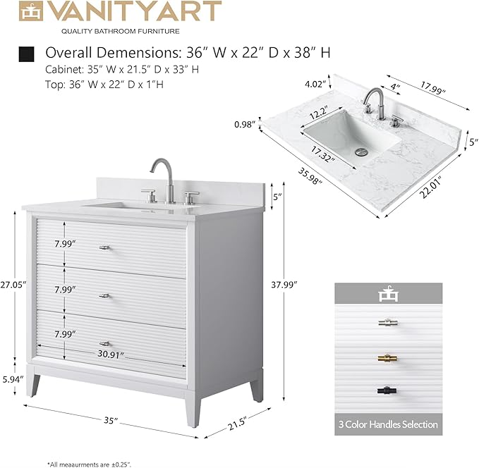Vanity Art 36" Bathroom Vanity with Single Sink & Arabescato White Engineered Stone Top, Vanity Cabinet with Soft Closing Door, Solid Wood Frame, Golden Brushed Handles, White VA8136-W-GB