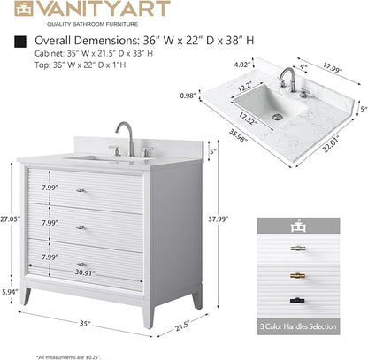 Vanity Art 36" Bathroom Vanity with Single Sink & Arabescato White Engineered Stone Top, Vanity Cabinet with Soft Closing Door, Solid Wood Frame, Golden Brushed Handles, White VA8136-W-GB