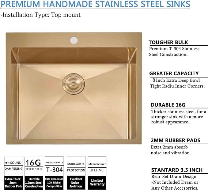 25x22 Gold Kitchen Sink, 25 Inch Drop In Gold RV Laundry Utility Sink, Top Mount 16 Gauge Stainless Steel Single Bowl 8 Inch Deep Small Kitchen Sink