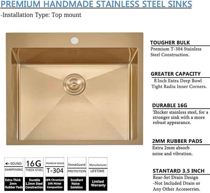 25x22 Gold Kitchen Sink, 25 Inch Drop In Gold RV Laundry Utility Sink, Top Mount 16 Gauge Stainless Steel Single Bowl 8 Inch Deep Small Kitchen Sink