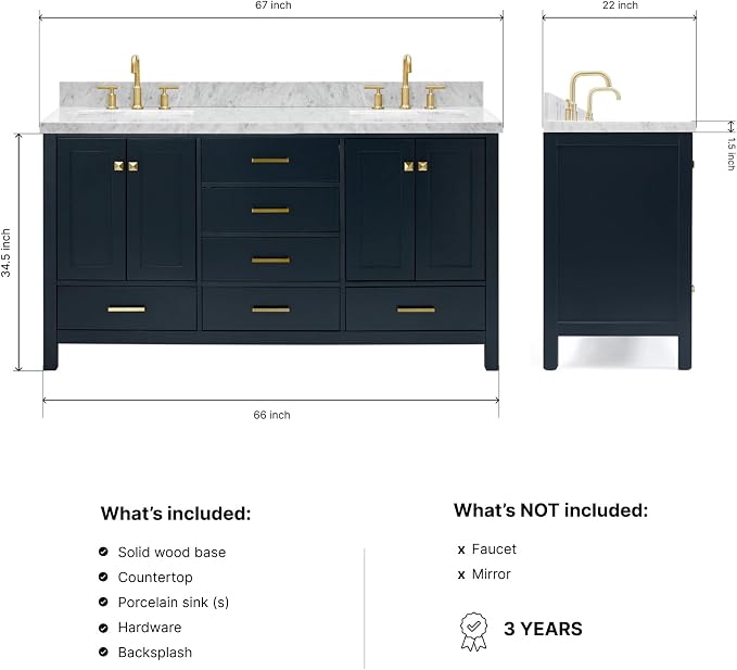 Beckford 66" Midnight Blue Double Bathroom Vanity with Sink, 1.5" Edge Italian Carrara Marble Countertop, 2 Rectangular Undermount Sinks, 4 Soft Closing Doors, 6 Dovetail Drawers, Satin Brass