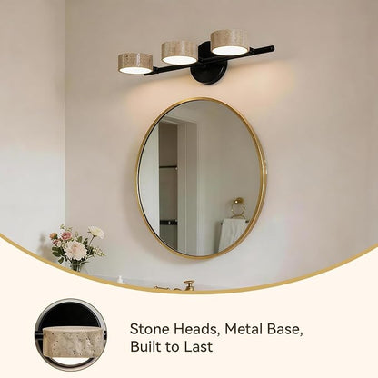 Led Bathroom Lighting Fixtures Over Mirror with 3 Travertine Shades,Vanity Lights Wall Lamp, 180° Rotatable Stone Lampshades Bathroom Lights, Modern Farmhouse Stone Sconces Black