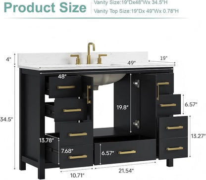 48 Inch Bathroom Vanity with Sink, Freestanding Single Sink Bathroom Vanities with Soft Close Doors & Drawers, Carrara Stone Top & Backsplash, No Assembly Required, Black