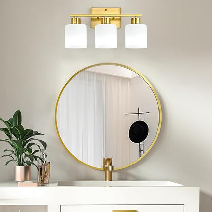 WILON 3-Light Brushed Gold Bathroom Lighting Fixtures Over Mirror, Modern Vanity Light with Milk White Glass Shades, Antique Brass Wall Lamp with E26 Bases