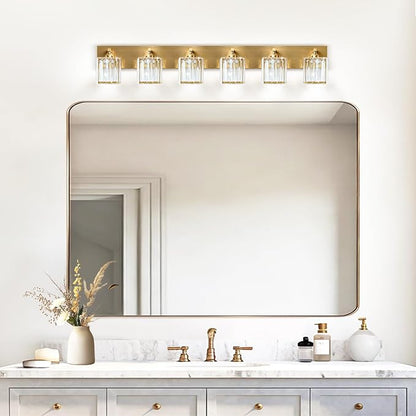 Gold Crystal Bathroom Vanity Light, 6-Light Modern Bathroom Lighting Fixtures Over Mirror,Chrome Wall Sconce Light Fixtures with Square Shade