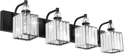 Ralbay Black Crystal Vanity Light 4 Light 31.5''Modern Matte Black Bathroom Wall Light Fixtures Over Mirror Bathroom Vanity Lights