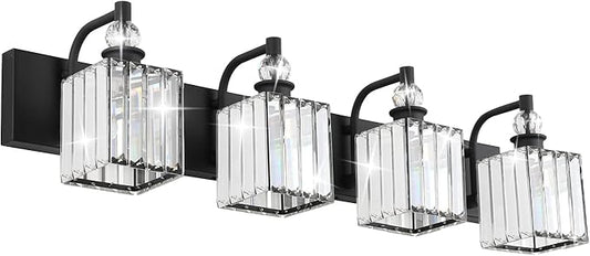 Ralbay Black Crystal Vanity Light 4 Light 31.5''Modern Matte Black Bathroom Wall Light Fixtures Over Mirror Bathroom Vanity Lights