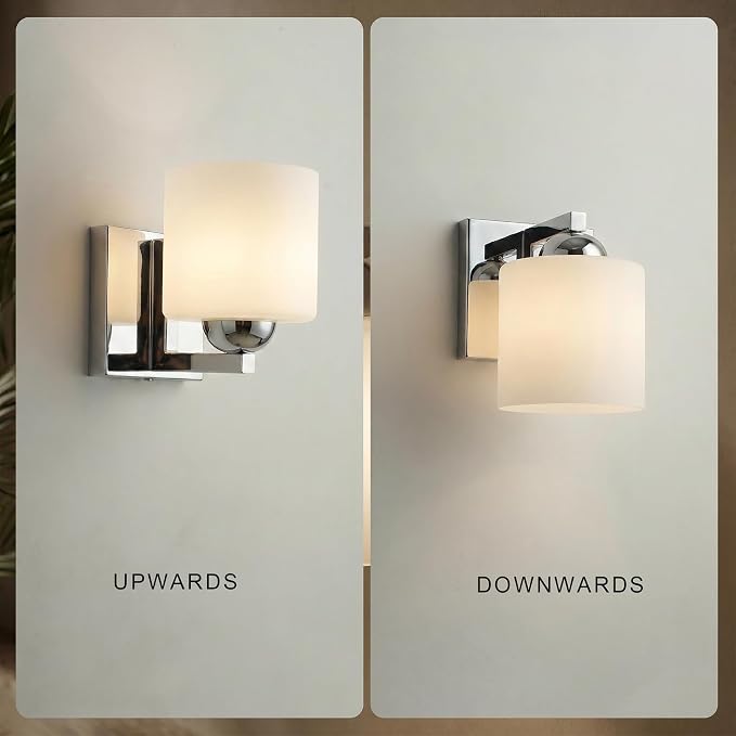 mirrea 1-Light Chromed Bathroom Vanity Light with White Glass Shade | Over Mirror,Wall Sconce,ETL listed,Bathroom Lighting Fixtures,Elegant Design,Milk White Glass Shade,Easy Installation