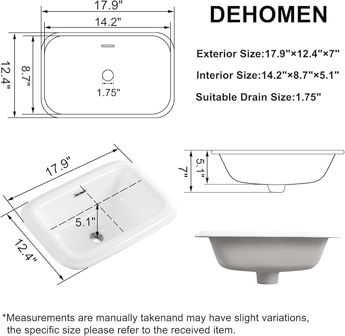 Bathroom Vessel Sink 18 Inch Small Drop In Bathroom Sink Rectangular Semi Recessed Sinks with Overflow White Ceramic Small Vanity Sinks for Tiny Bathrooms