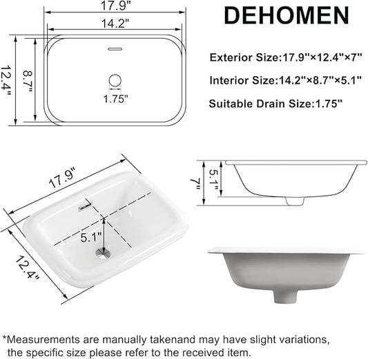 Bathroom Vessel Sink 18 Inch Small Drop In Bathroom Sink Rectangular Semi Recessed Sinks with Overflow White Ceramic Small Vanity Sinks for Tiny Bathrooms