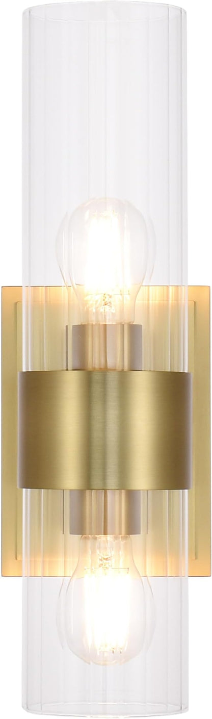 Gold Modern Bathroom Sconces Wall Lighting with Clear Ribbed Glass, Aged Brass 2-Light Bathroom Vanity Light Fixtures for Mirror Living Room Hallway Bedroom