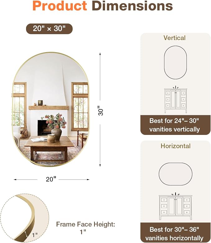20"x30" Brushed Gold Oval Bathroom Mirror for Over Sink, Vanity Mirror | Aluminum Alloy Frame, Clear Reflection, Rust-Resistant, Vertical or Horizontal, Wall Mount, Bedroom and Entryway