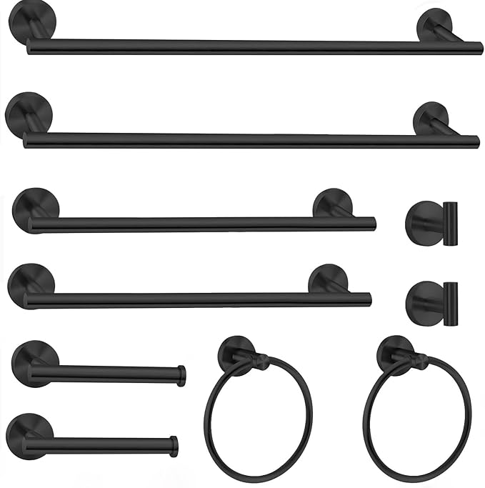 Cilee 10 Piece Matte Black Bathroom Hardware Set, 24 16 inch Towel Bar Set | 24 & 16 inch Towel bar, Toilet Paper Holder, Towel Ring, Towel Hook, Bathroom Accessories Set Stainless Steel Wall Mounted