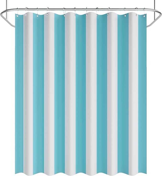 AmazerBath Blue Vertical Stripes Shower Curtain, Cute Blue Stripe Bathroom Shower Curtain with 12 Shower Curtain Hooks, Rustic Fabric Blue and White, 72x72 Inches