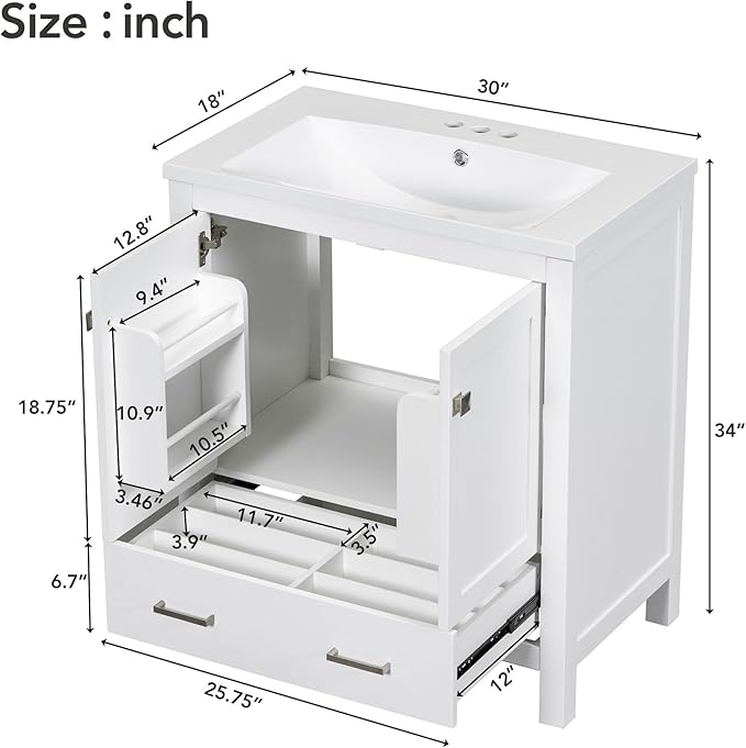 LUMISOL 30" Bathroom Vanity Set with Sink, Solid Wood Bathroom Cabinet with One Drawer and Two Doors, Multi-Function Storage Organizers, Undermount Sink Basin, White