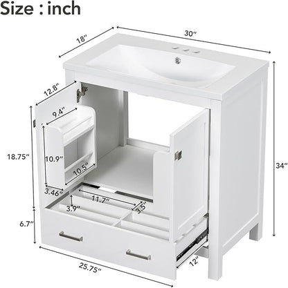 LUMISOL 30" Bathroom Vanity Set with Sink, Solid Wood Bathroom Cabinet with One Drawer and Two Doors, Multi-Function Storage Organizers, Undermount Sink Basin, White