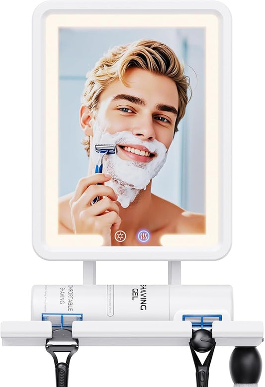 Heated Shower Mirror Fogless for Shaving (Gen 3) - 3 Colors Stepless Dimmable Lights, Anti-Fog Shaving Mirror with Razor Holder, No-Drilling, Removable - White