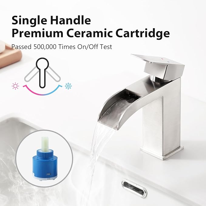 Faustina Brushed Nickel Waterfall Bathroom Faucet, Single Handle Wide Spout Stainless Steel Vanity Sink Faucet with Pop Up Drain & Deck Plate for 1 or 3 Hole