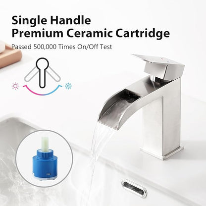 Faustina Brushed Nickel Waterfall Bathroom Faucet, Single Handle Wide Spout Stainless Steel Vanity Sink Faucet with Pop Up Drain & Deck Plate for 1 or 3 Hole