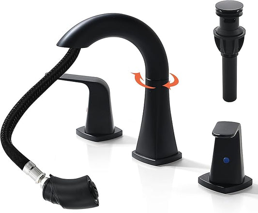 Pull Down Bathroom Faucet Black- Matte Black Sink Faucet with Sprayer, Bathroom Pull Out Faucets, 2-Handles Widespread Vanity Faucets 3 Hole 8 Inch 360 Swivel Spout with Pop-up Drain & Lines