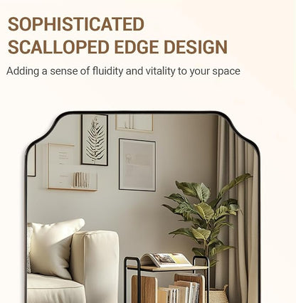 Brushed Bronze Scalloped Mirror, 24"x32" Bathroom Vanity Mirror, Unique Rectangular Bathroom Mirror with Stainless Steel Metal Framed, Wall Mounted Decorative Mirror (Horizontal/Vertical)