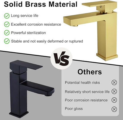 Solid Brass Bathroom Faucet, Gold Bathroom Faucet 1 Hole,CEC & cUPC Certified Lead-Free Single Hole Vanity Gold Faucet with Two Flexible Hoses & Pop Up Drain Stopper