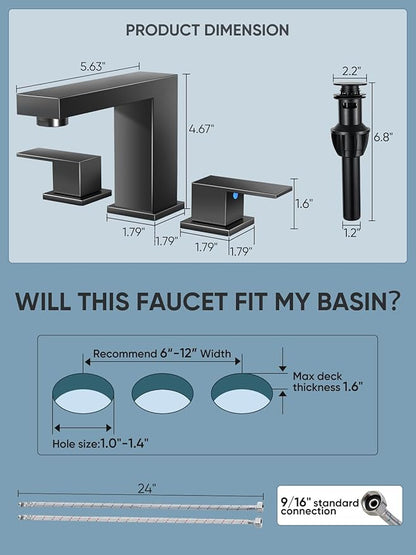 Cobbe Bathroom Faucets for Sink 3 Hole, Matte Black Bathroom Sink Faucet Square 8 inch Widespread with Pop-Up Drain, 2 Handle and 2 Supply Hoses, Lead-Free Stainless Steel for Vanity, Rv, Farmhouse