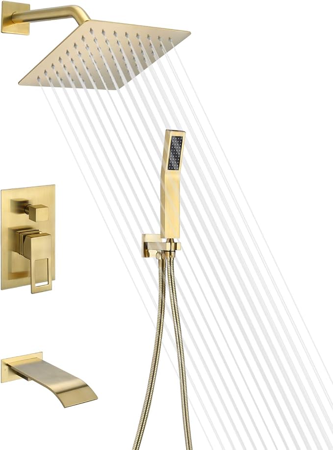SUMERAIN Shower Faucet System with Waterfall Tub Spout, Brushed Gold | 8" Rain Shower Head, Brass Handheld Shower Head, Anti-scald Pressure-Balanced Valve, Including Rough-In Valve