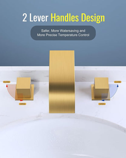 Brushed Gold Waterfall Bathroom Faucet: ARCORA 8 Inch Widespread Bathroom Faucets for Sinks 3 Hole, Modern 2 Handles Bathroom Sink Faucet with Pon Up Drain and cUPC Supply Lines