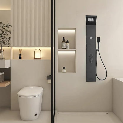 Shower Panel Tower System 5 in 1 Stainless Steel Rainfall Shower Panels with 5-Functions, 4 Enlarged Body Massage Jets, Handheld Head, Wall Mounted Matte Black