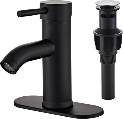 Black Bathroom Sink Faucet Single Hole Single Handle Bathroom Faucet Modern RV Faucet Commercial Washbasin Faucet Countertop Installation with Deck, Pop-up Drain and Supply Hoses