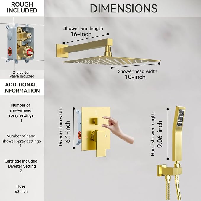 Shower System Shower Faucet Set, STARBATH 10" Wall Mount Rain Shower Head and Handheld Spray for Two Person, Rainfall Shower System with Diverter Valve and Trim Kit Complete,Brushed Gold