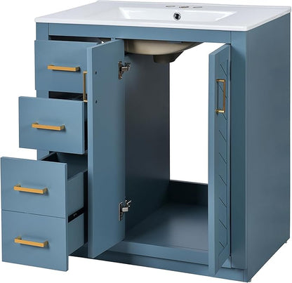 Merax Herringbone Single Sink Bathroom Vanity, Freestanding 30" Modern Bathroom Vanity Storage Cabinet with 3 Drawers and 2 Doors, Solid Wood Frame