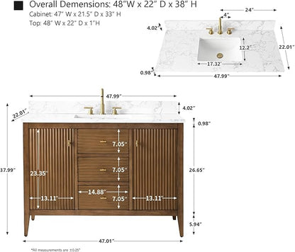 HOMEBEYOND 48" Bathroom Vanity with Sink, Solid Wood Bathroom Vanity Free-Standing Cabinet, Drawers, Ceramic Top & Soft Closing Door, Golden Brushed Handware, Walnut