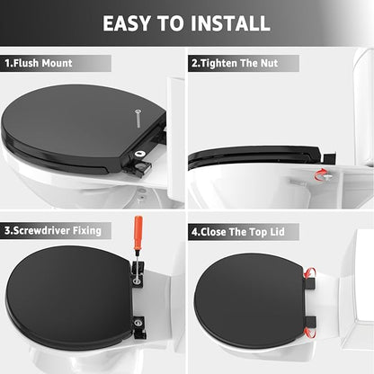 Toilet Seat Round 16.5 Inch with Quick Release-Quick Connect. White Round Toilet Seat with Soft Close. PP Material Safe, Easy Clean and Install, Sturdy Accessories Never Loosen,2 Years Support, Black