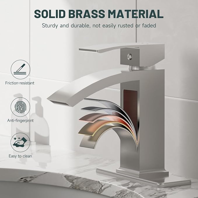 Brushed Nickel Waterfall Bathroom Faucets for 1 or 3 Holes, Brass | Brass Single Handle Bathroom Sink Faucet for Lavatory Commercial Vanity Basin Taps with Deck Plate Pop Up Drain & Supply Line