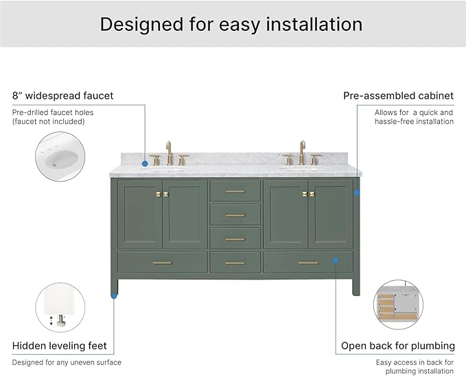 ARIEL Cambridge 72-inch Bathroom Vanity with Sink,Solid Wood, 1.5-inch Italian Carrara Marble Countertop, Double Oval Porcelain Sink, 4 Soft Closing Doors, 6 Dovetail Drawers, Vintage Green