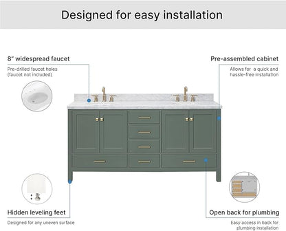 ARIEL Cambridge 72-inch Bathroom Vanity with Sink,Solid Wood, 1.5-inch Italian Carrara Marble Countertop, Double Oval Porcelain Sink, 4 Soft Closing Doors, 6 Dovetail Drawers, Vintage Green