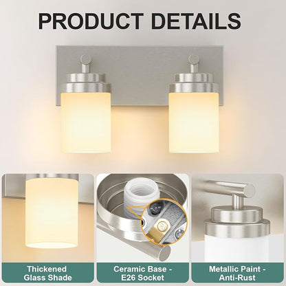 IZORRO Bathroom Vanity Light Fixture, 2-Light 15 Inch Brushed Nickel Bathroom Light Fixtures Over Mirror, with White Glass Shade, Modern Farmhouse Vanity Lights, Rustic Restroom Lighting Fixtures